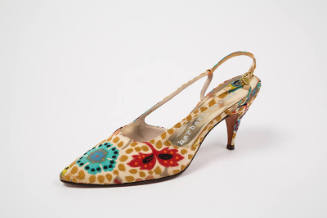 Beige velvet high heel sling back sandal with floral print in blue and red with yellow dots and…
