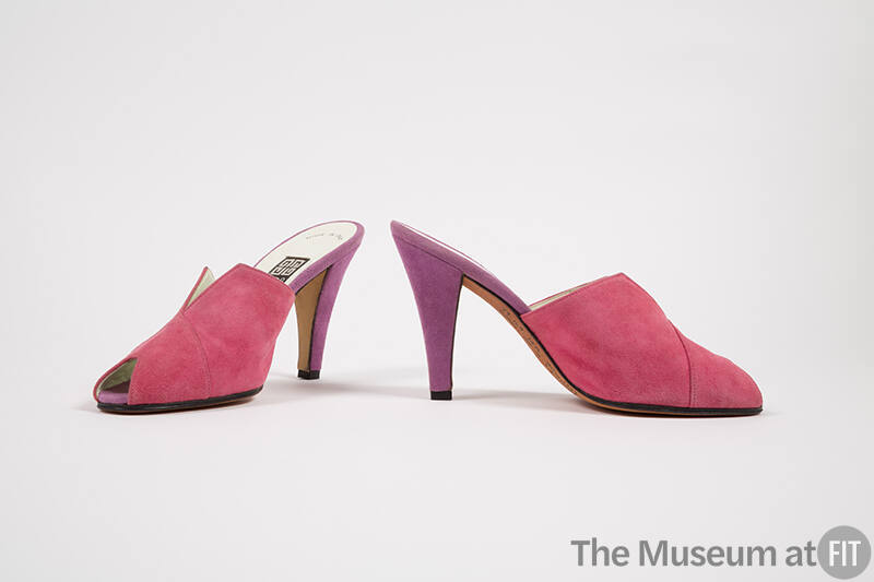 Pink open toe mules with light purple high heel