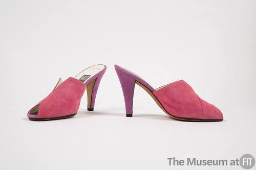 Pink open toe mules with light purple high heel