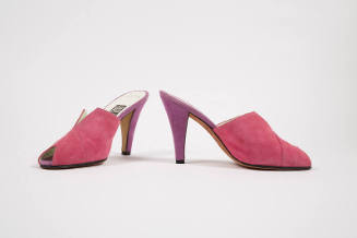 Pink open toe mules with light purple high heel