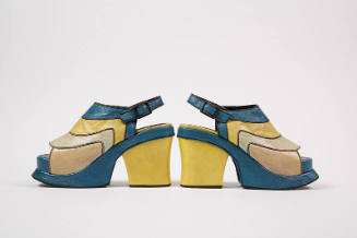 Blue, yellow, and white leather platform sling back with chunky yellow heel