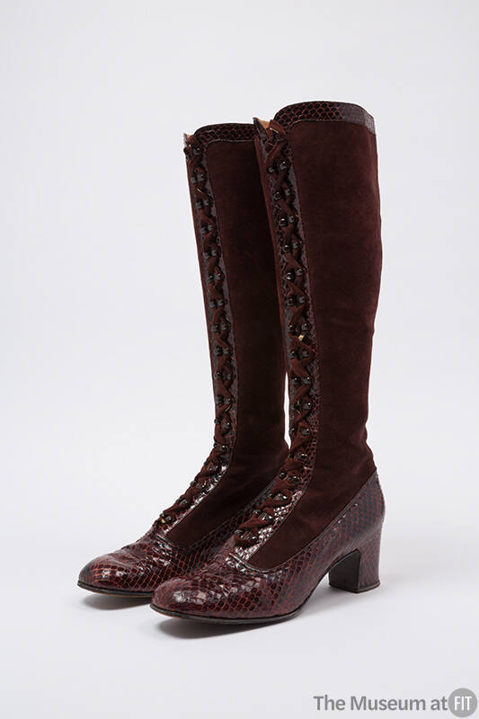 Red suede and snakeskin, over the calf lace up boots with heels