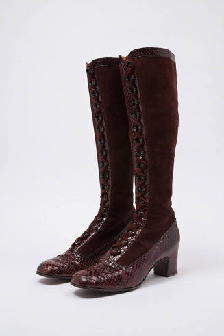 Red suede and snakeskin, over the calf lace up boots with heels