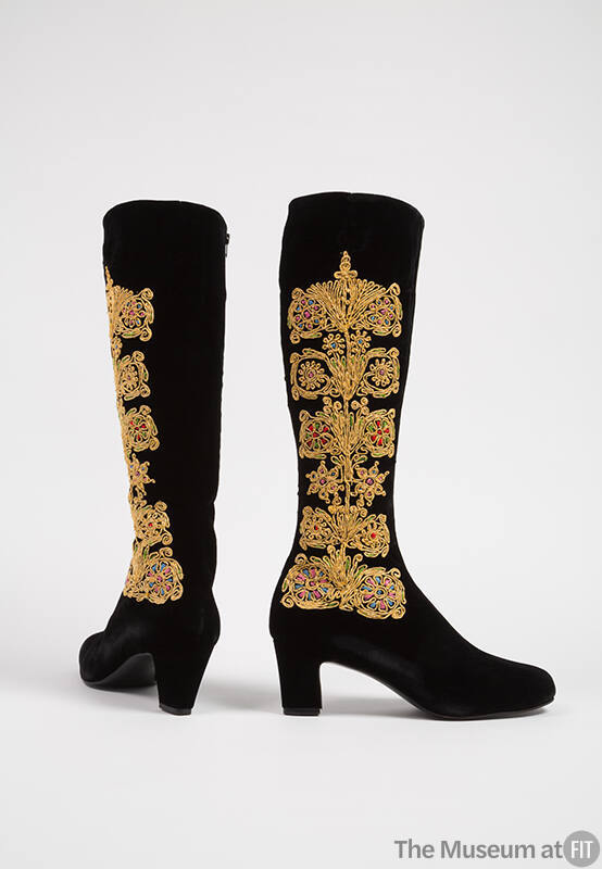 Black velvet boots with multicolor (predominately yellow) embroidery