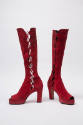 Red knee-high side lace open toe platform boots