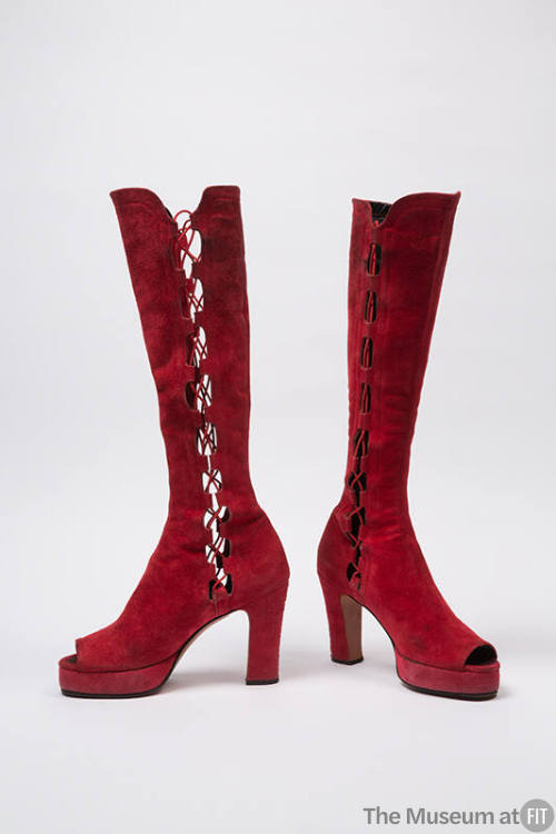 Red knee-high side lace open toe platform boots