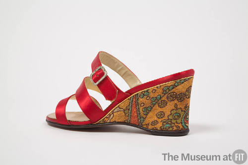 Mule sandals with three red satin straps, rhinestone buckle with orange, blue, green, brown flo…