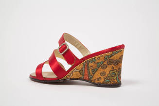 Mule sandals with three red satin straps, rhinestone buckle with orange, blue, green, brown flo…