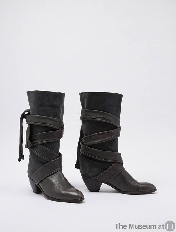 Grey leather and suede mid-calf boots, leather strip ties around shaft