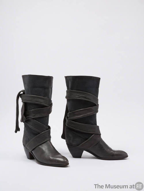 Grey leather and suede mid-calf boots, leather strip ties around shaft