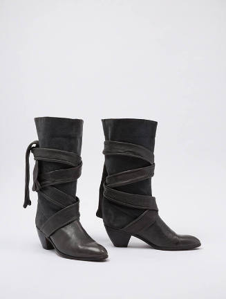 Grey leather and suede mid-calf boots, leather strip ties around shaft