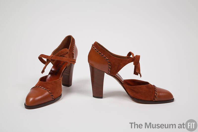 Brown suede and leather pumps with open sides, suede fringed ankle tie and stacked wood high he…