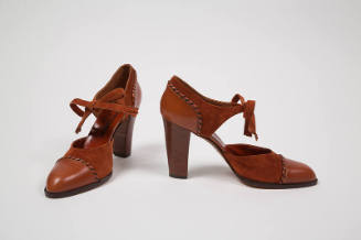 Brown suede and leather pumps with open sides, suede fringed ankle tie and stacked wood high he…