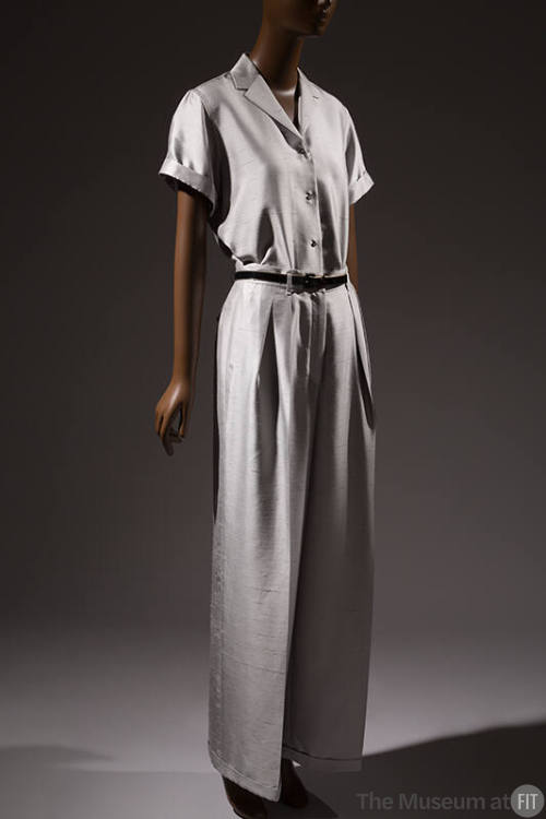 Silver grey pants set with short sleeve shirt and wide, cuffed pants