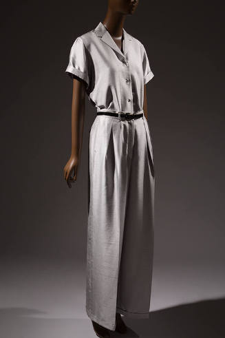 Silver grey pants set with short sleeve shirt and wide, cuffed pants