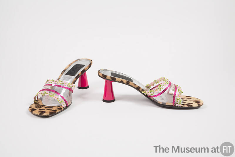 Clear plastic slide sandals with sequin, floral and leopard trim, pink high heels