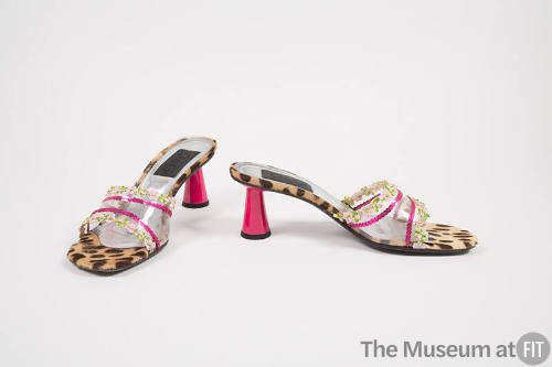Clear plastic slide sandals with sequin, floral and leopard trim, pink high heels