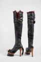 Black over-the-knee platform high heel boots with grey and black leopard printed patent leather…