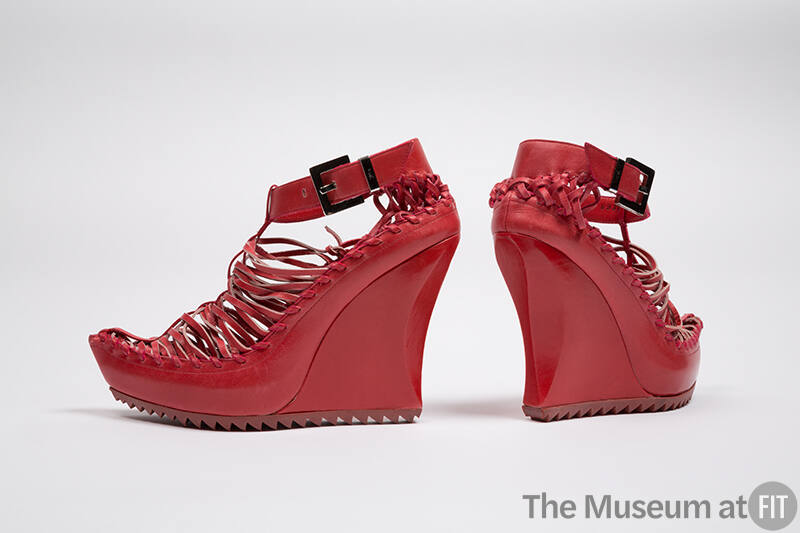 Red woven leather platform ankle boots, high wedge heel and ankle strap