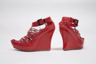 Red woven leather platform ankle boots, high wedge heel and ankle strap