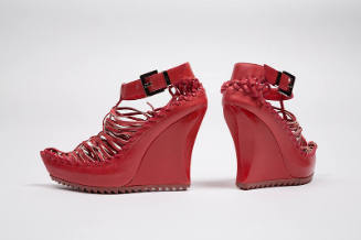 Red woven leather platform ankle boots, high wedge heel and ankle strap