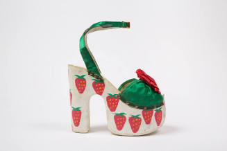 Green satin ankle strap open toe sandal with high white platform with painted strawberries 