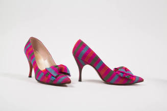 Pink, olive green, blue and orange striped high heel pumps with bow