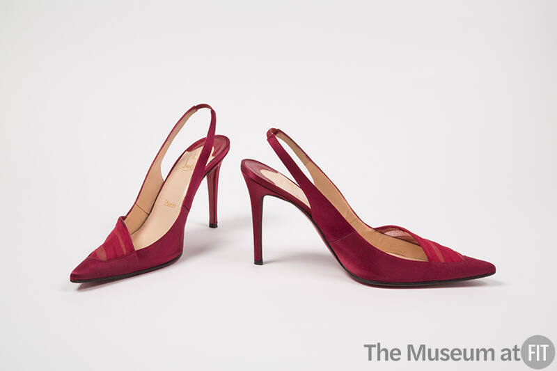 Dark red sling back high heel shoes with elongated pointed toe