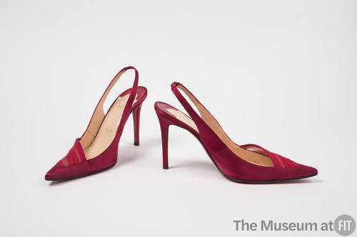 Dark red sling back high heel shoes with elongated pointed toe