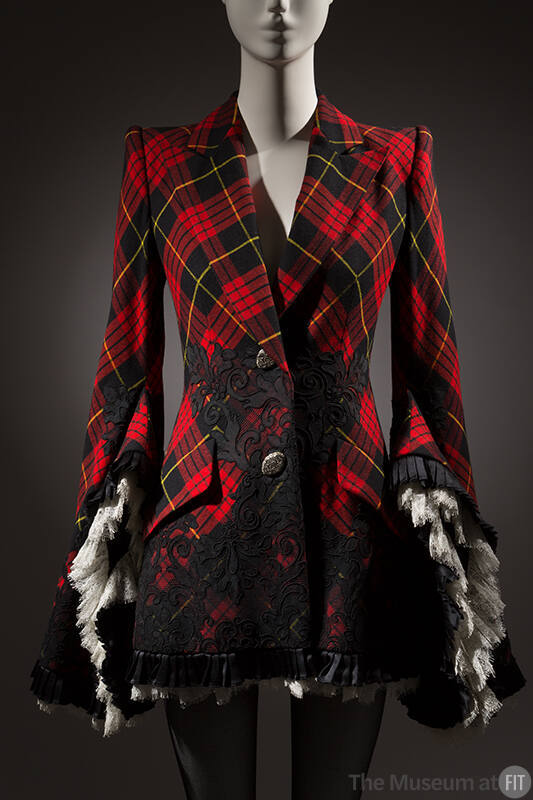 Red, black and yellow tartan print mini coat dress with black and white lace lined oversize bel…