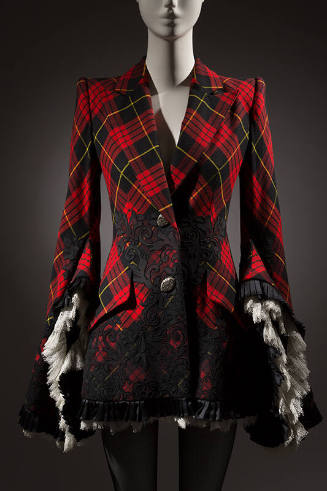 Red, black and yellow tartan print mini coat dress with black and white lace lined oversize bel…