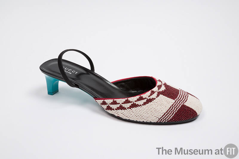 Off-white and burgundy beaded slingback shoe in geometric pattern with turquoise blue heel, bla…