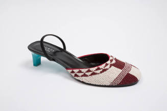 Off-white and burgundy beaded slingback shoe in geometric pattern with turquoise blue heel, bla…