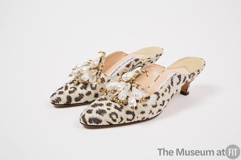 Pair of leopard print Louis heel evening mules embellished at vamp with teardrop pearls, crysta…