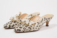 Closer view of leopard print evening mules embellished at vamp with teardrop pearls, crystals a…