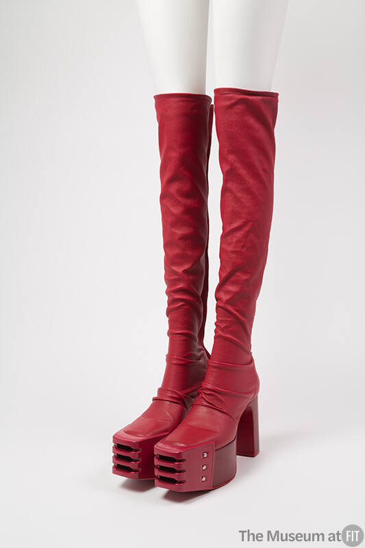 Red leather above-the-knee boots with wood stacked platform and heels