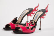 Black and pink patent leather flame design slide sandals with silver high heels 