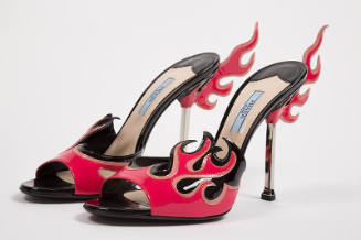 Black and pink patent leather flame design slide sandals with silver high heels 