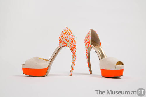 Beige open toe pumps, neon orange tiger print back, heels and front platform 