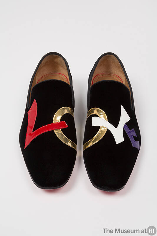 Black velvet slip on shoes with Love appliqued across front in red, metallic gold, white and bl…