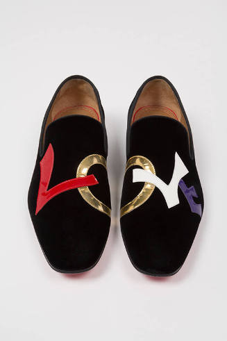 Black velvet slip on shoes with Love appliqued across front in red, metallic gold, white and bl…