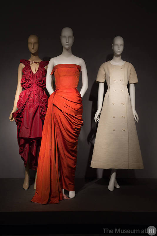 Fabric_07 Left to right 2005.5.1 (red dress), 70.57.58 (evening dress), 85.187.2 (dress)
