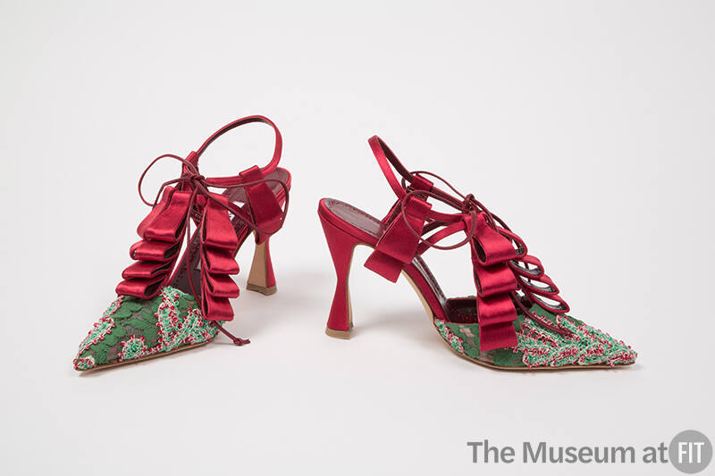 Red satin ankle strap high heel shoes with rows of ribbon loops, green lace pointed toe, sling …