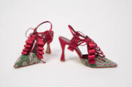 Red satin ankle strap high heel shoes with rows of ribbon loops, green lace pointed toe, sling …