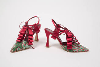 Red satin ankle strap high heel shoes with rows of ribbon loops, green lace pointed toe, sling …