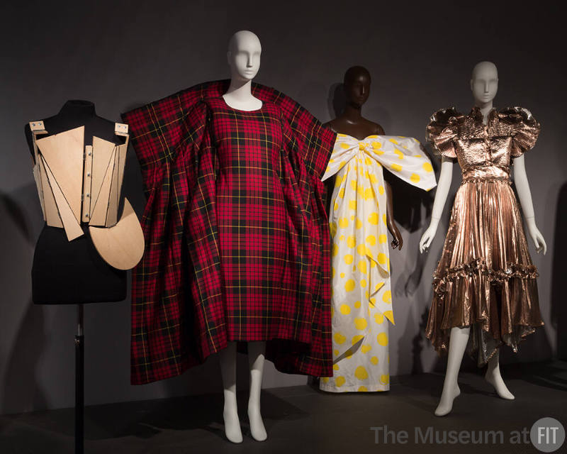 MinMax_04 Left to right 2010.1.2 (corset), 2017.50.1 (tartan dress), 2014.44.1 (gown), 91.158.1 (gold dress)