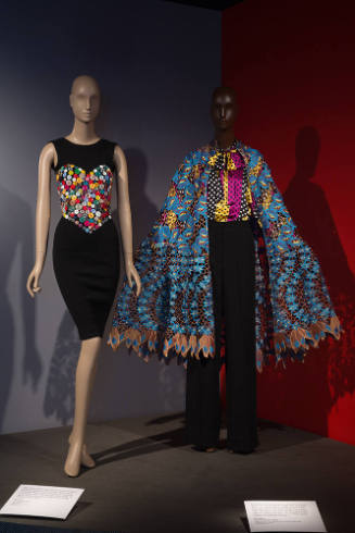 Black Fashion Designers exhibition installation view of dressed mannequins on a platform