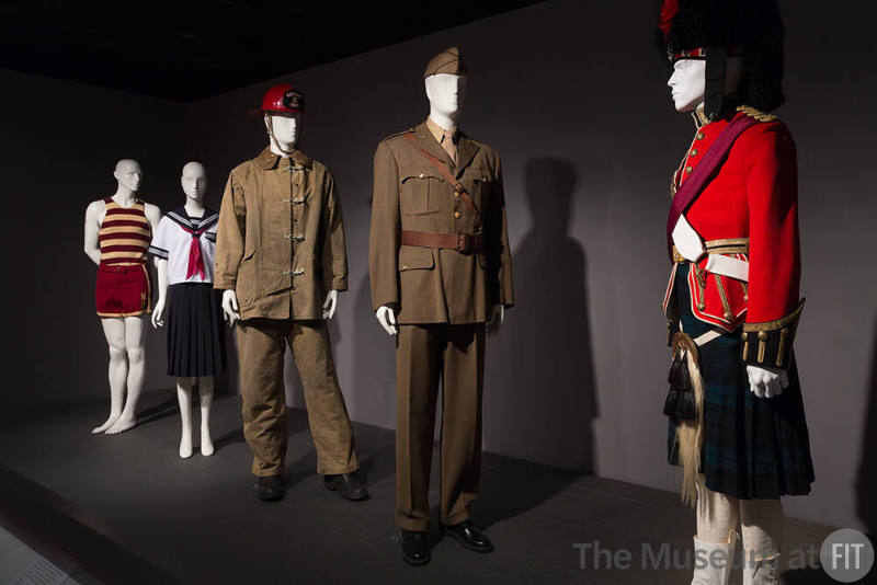 Uniformity_14 Left to right P85.3.2 (swimsuit), 2010.24.2 (school uniform), 2016.11.1 (fire hat), 86.98.1 (suit), 87.17.1 (Army uniform), P88.10.1 (Scottish uniform)