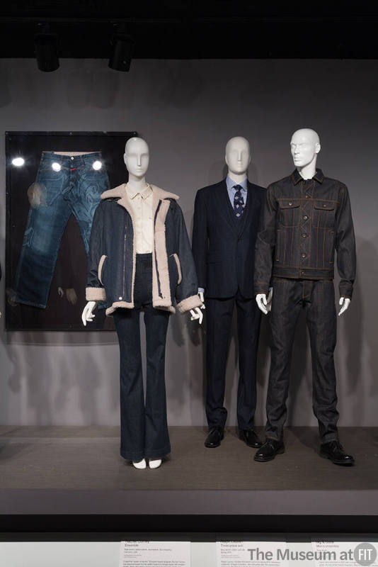 Denim_09 Left to right 2015.63.2 (jeans wall), 2015.70.1 (jacket ensembe), 2015.47.2 (suit), 2015.49.1 (denim suit)