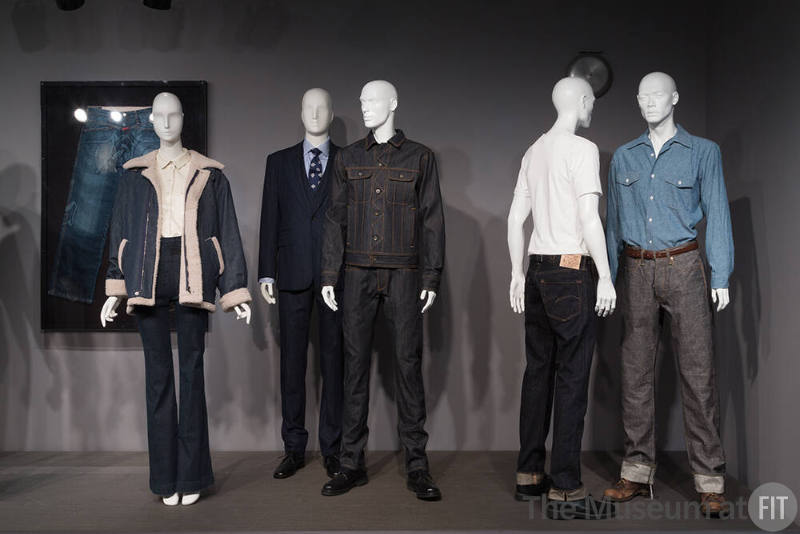 Denim_28 Left to right 2015.63.2 (jeans wall), 2015.70.1 (jacket ensembe), 2015.47.2 (suit), 2015.49.1 (denim suit), 2015.67.1 (jeans), 2015.69.1 (grey jeans)